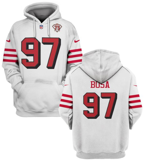 Men's San Francisco 49ers #97 Nick Bosa 2021 White 75th Anniversary Pullover Hoodie